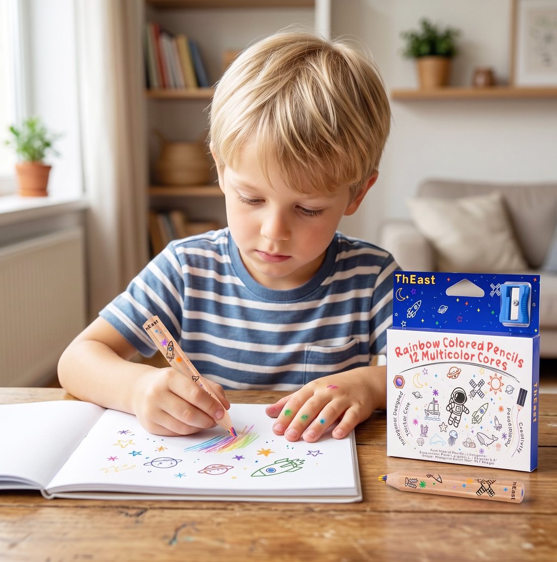 Boy coloring with ThEast toddler pencils