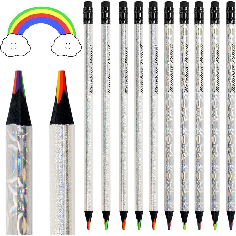 ThEast Holographic 4-in-1 Rainbow Pencils, 10 Pack, Black Wood
