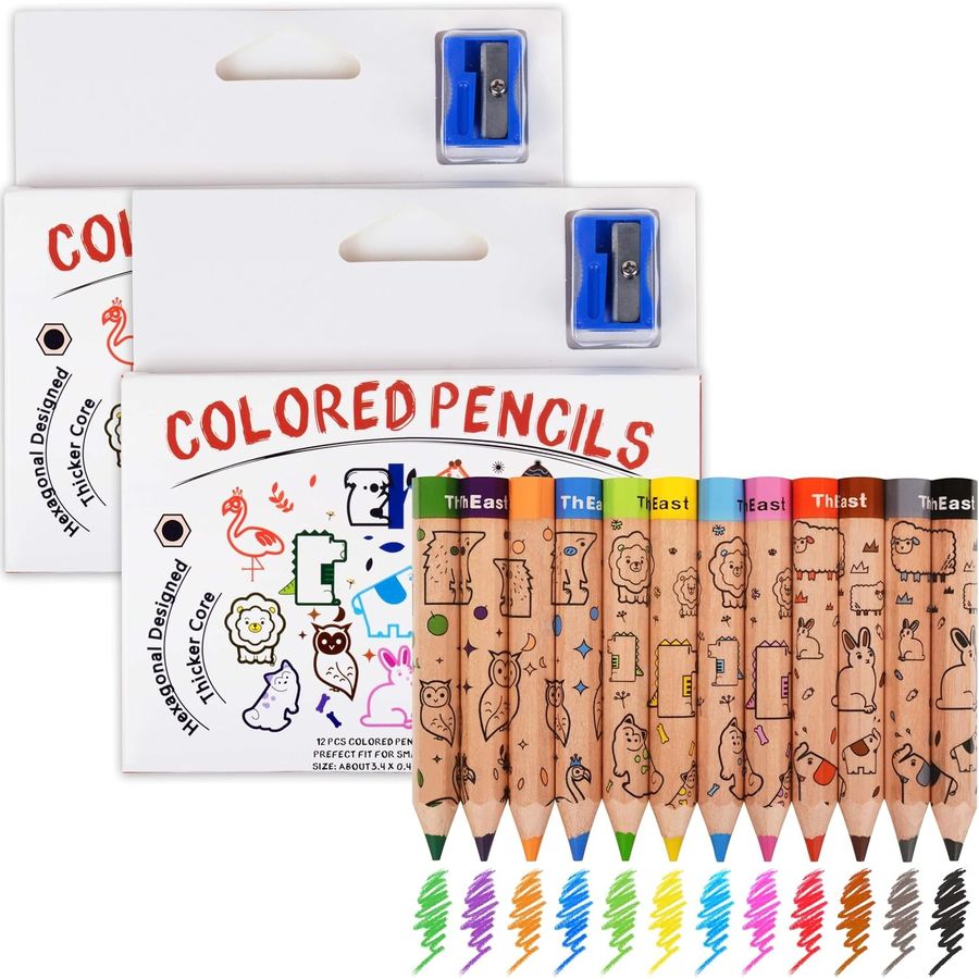 ThEast Short Thick Toddler Colored Pencils, 24 Count (2 Sets), Animal Doodle Barrels