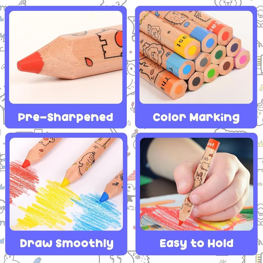ThEast Toddler Colored Pencils, 12 Colors, Animal Doodle Barrels — view 2