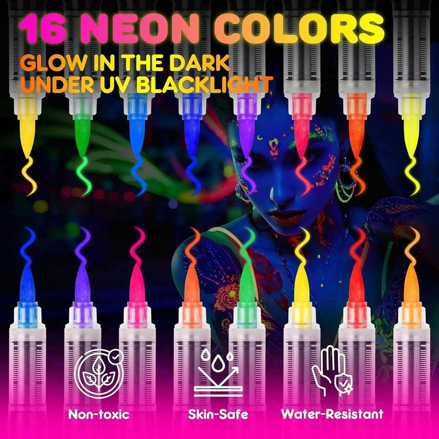 ThEast UV Blacklight Neon Face & Body Paint Markers, 16 Colors — view 2